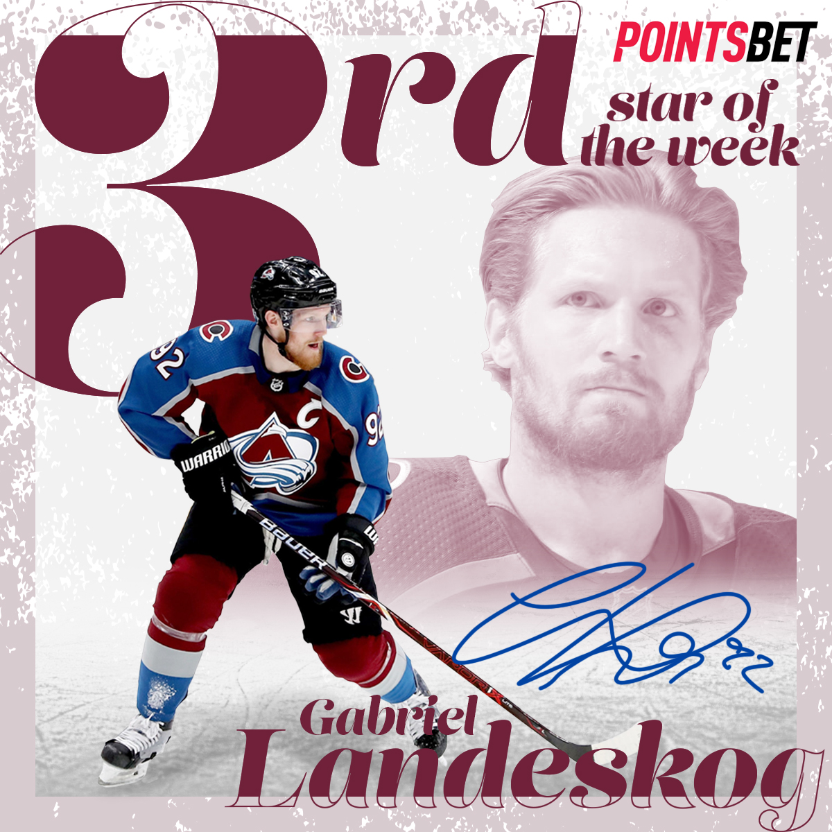 Gabrial Landeskog in front of a giant number 3 celebrating his third star of the week.