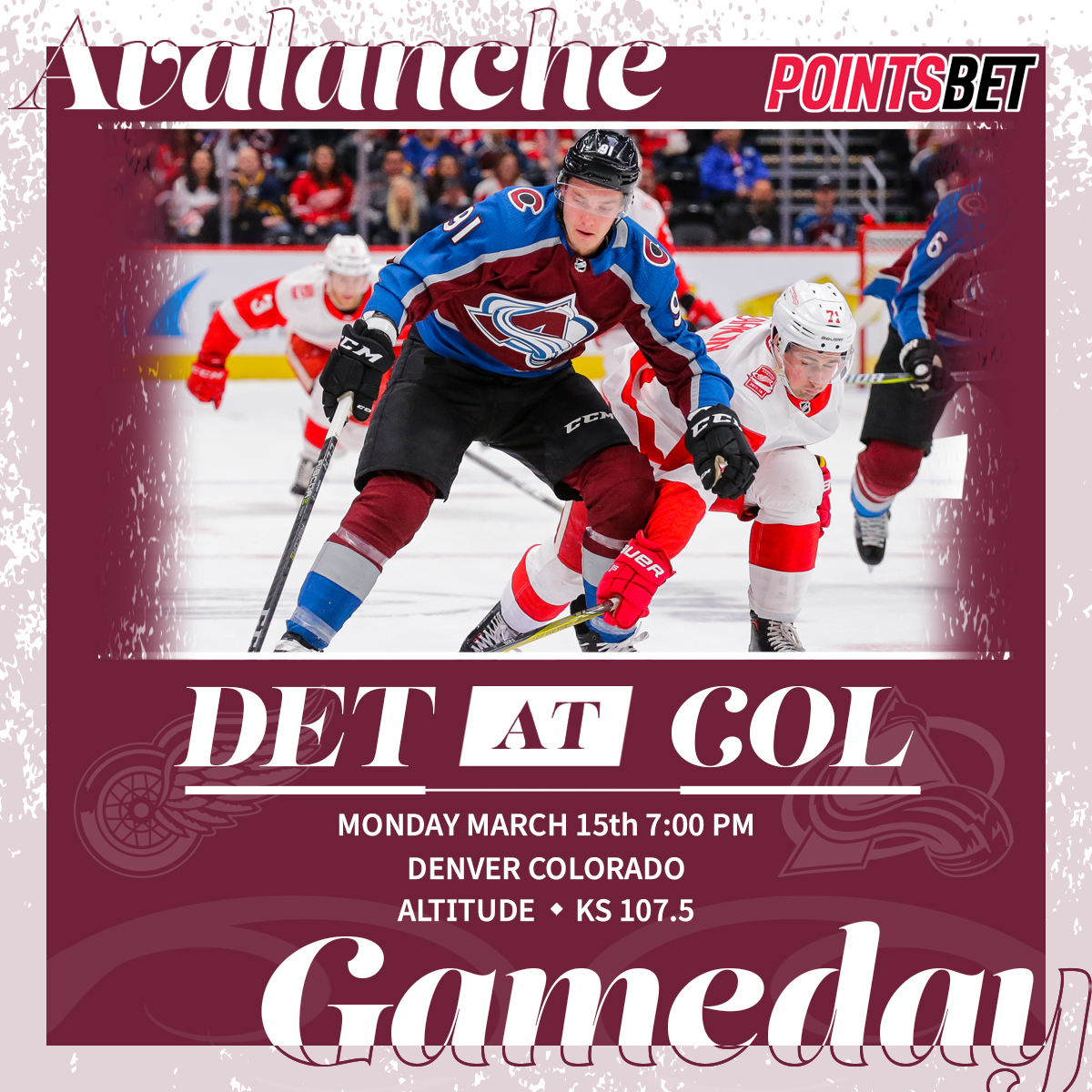 Home graphic showing Colorado Avalanche Vs the Detroit Red Wings, sponsored by PointsBet