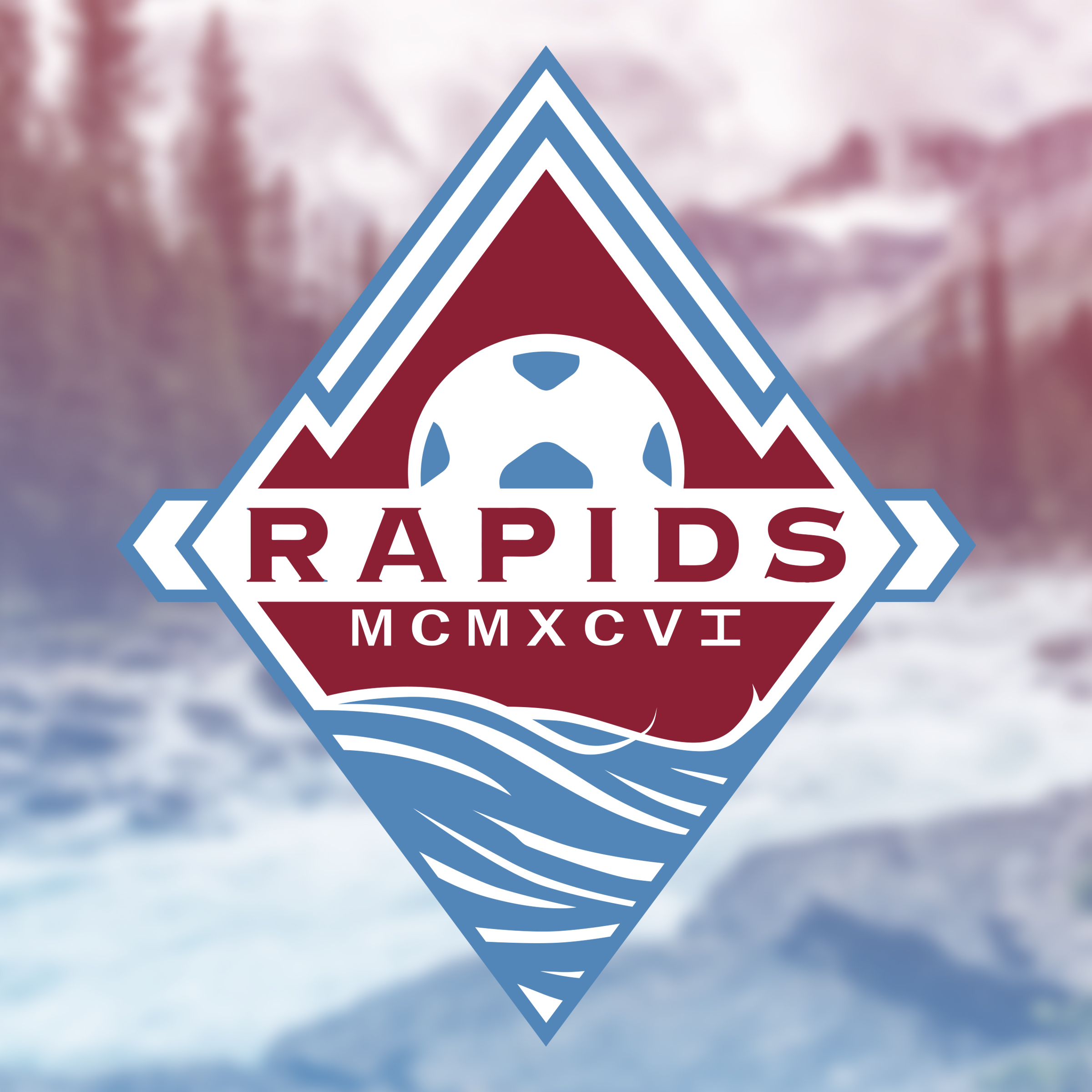 The new logo for the Colorado Rapids. A Burgundy mountain with a white arrow on top, arrows on the side, and an open ended water waves on bottom. The word RAPIPDS is in center with the roman numerals for 1996 underneath.