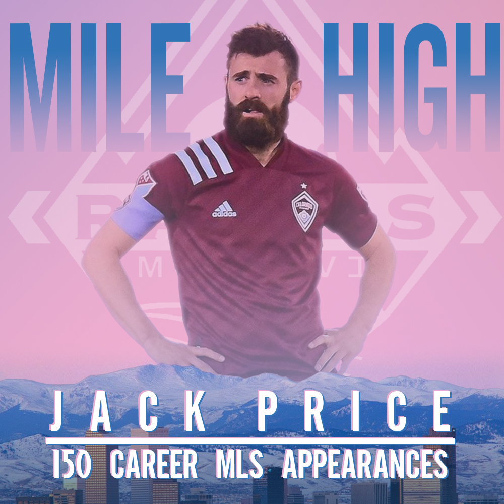 The words MILE HIGH behind the player, against a sunset behind the mountains of Denver, with the words 150 MLS APPEARANCES in front