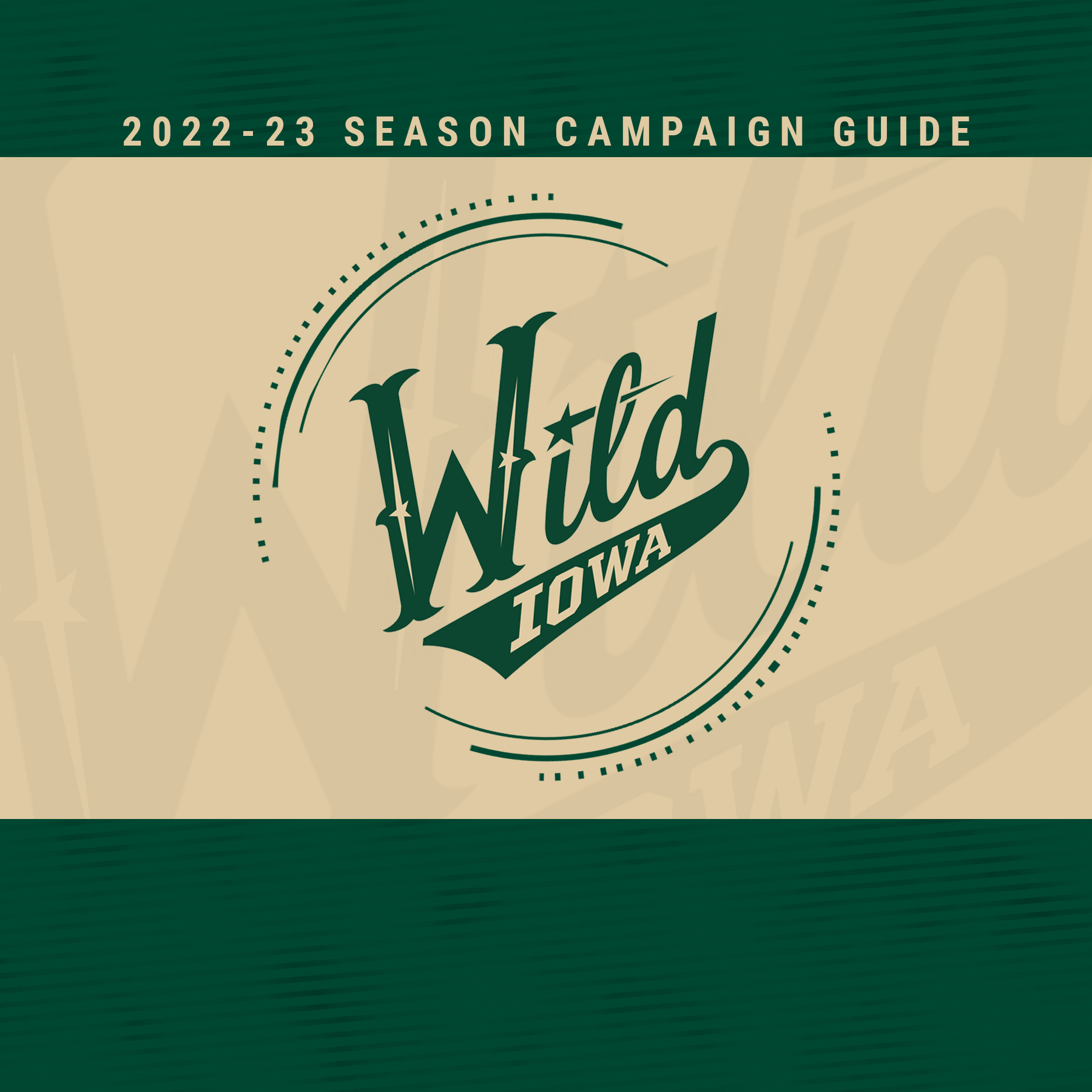 The Iowa Wild logo in a circle on tan, on green.