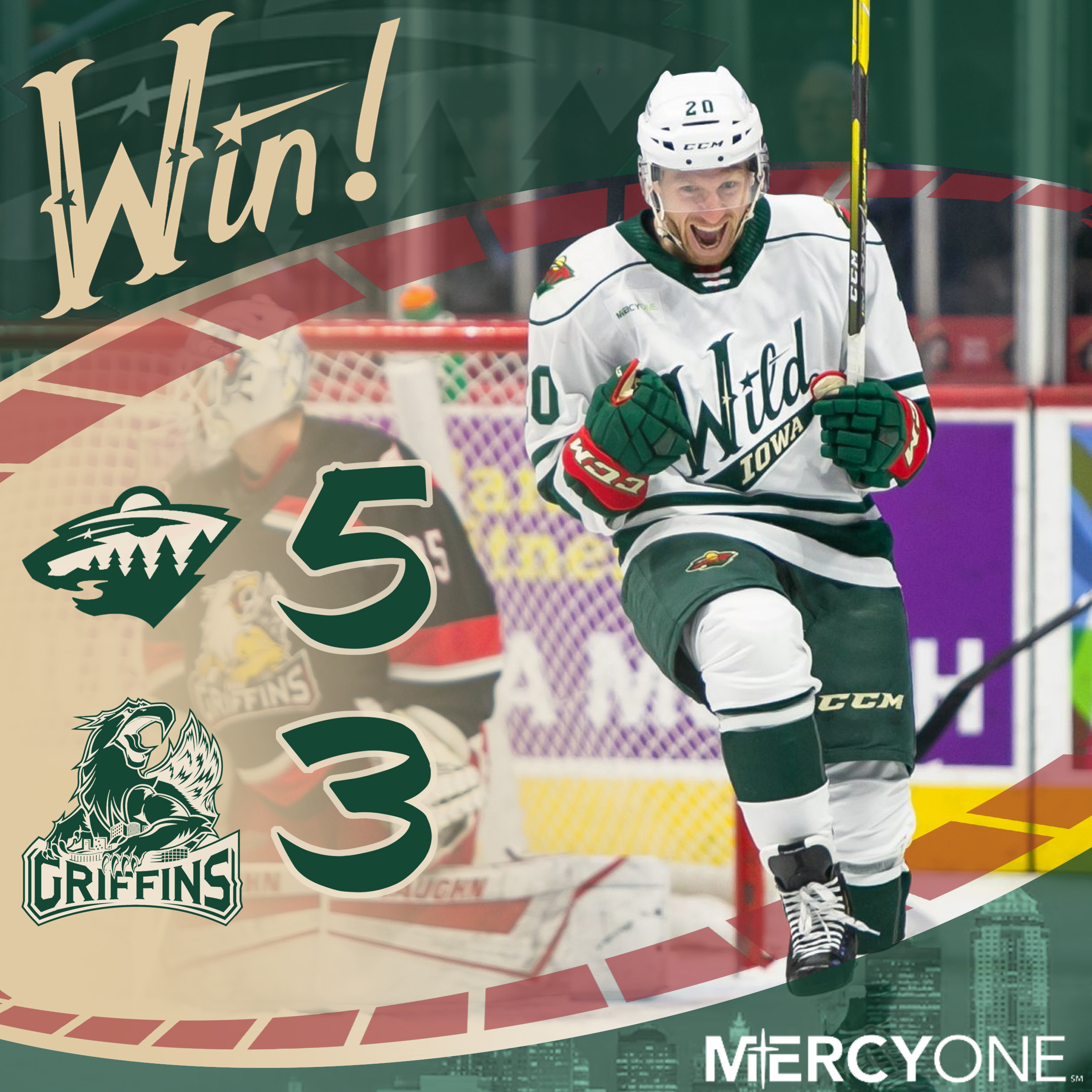 The word Win done in the style of the Wild's logo, with the player next to the score, Wild 5 Griffins 3.