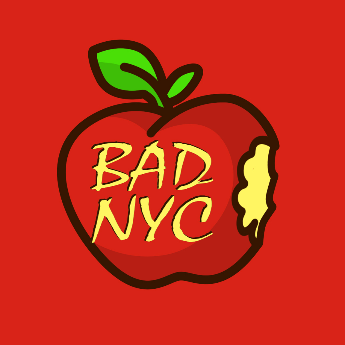 A cartoon apple with a bite taken out of it with the words BAD NYC on it.