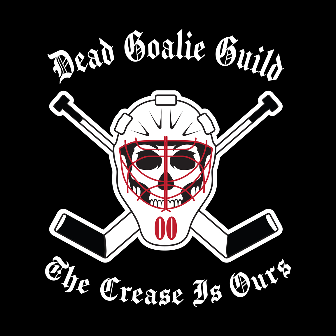 A skull wearing a goaltender's mask with two goalie sticks crossed behind it, in the style of a Jolly Roger. The words The Crease Is Ours is underneath.