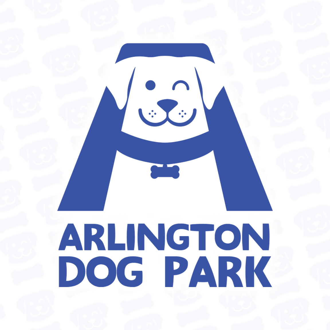 The letter A in the shape of a dog's winking smiling face, with the words Arlington Dog Park underneath.