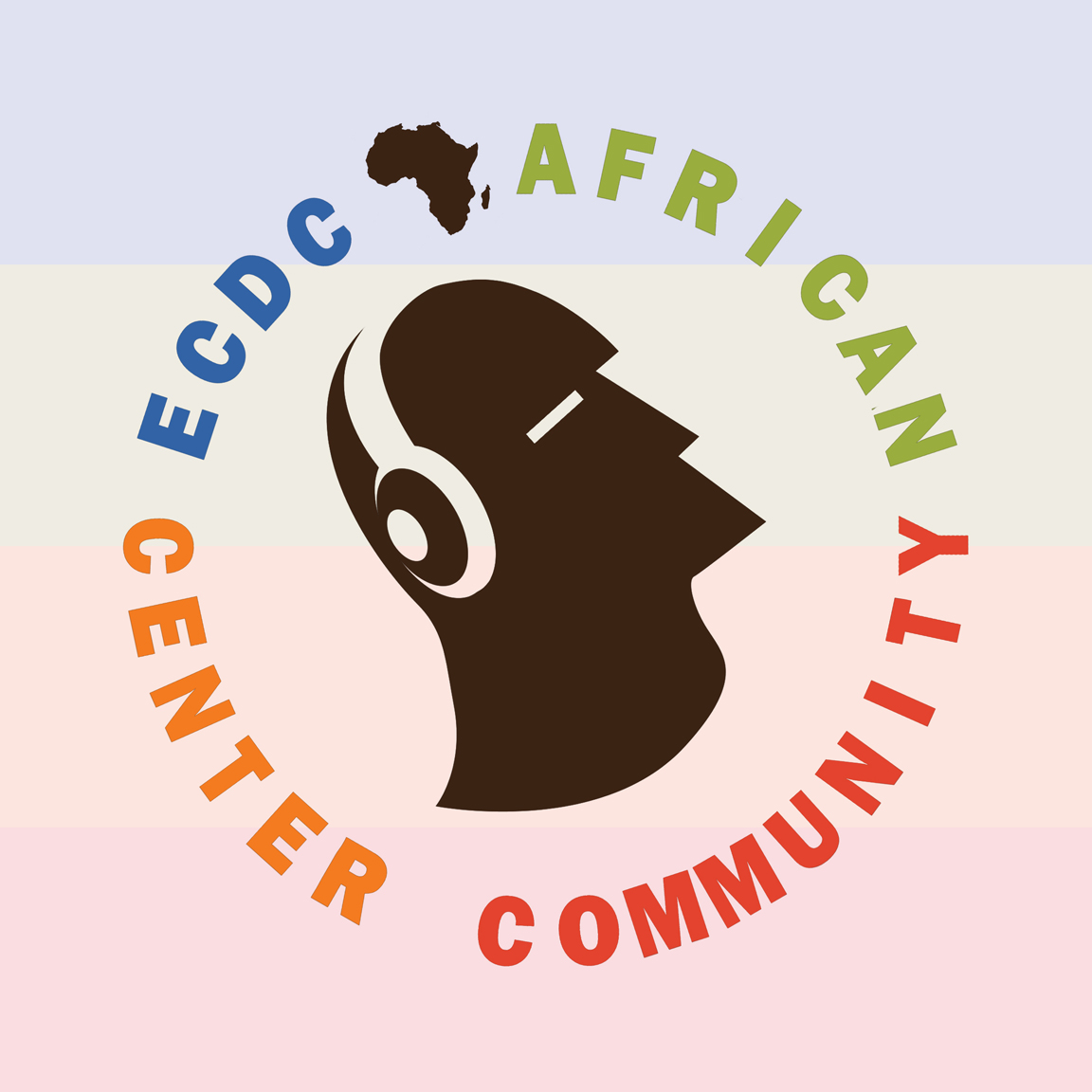 A man listening on headphones with EDCD African Center Community spiraling around him, as well as the continent of Africa.