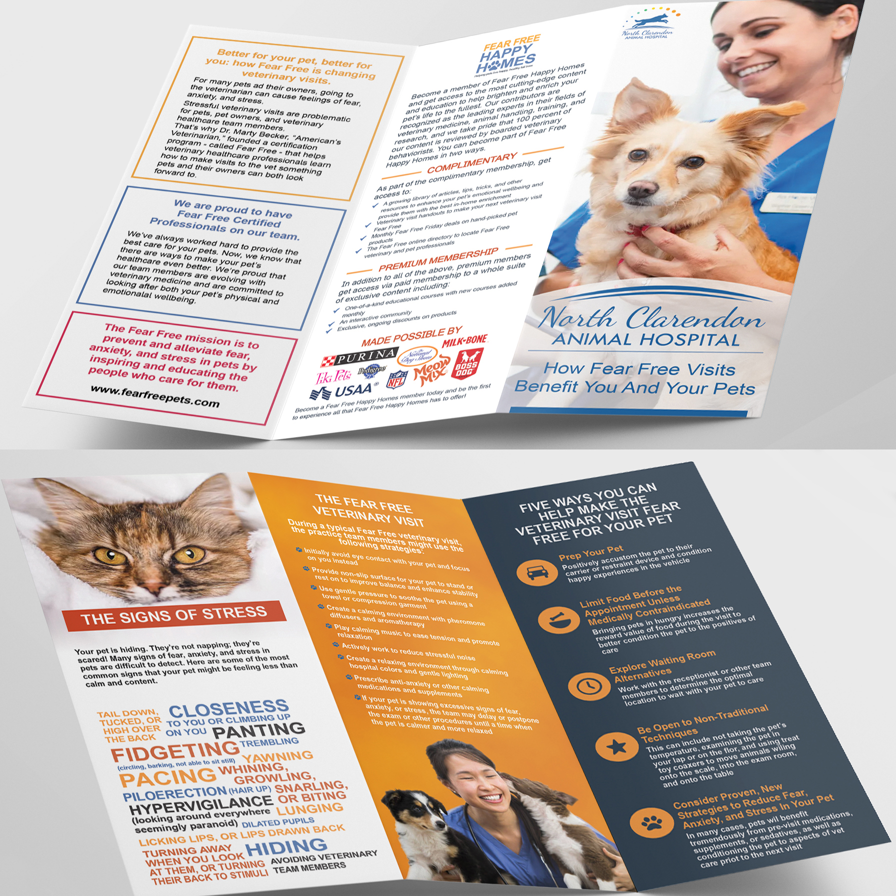 The front and backside of a brochure with several bits of information regarding keeping your pets safe, and how to have a Fear Free experience at the vets.