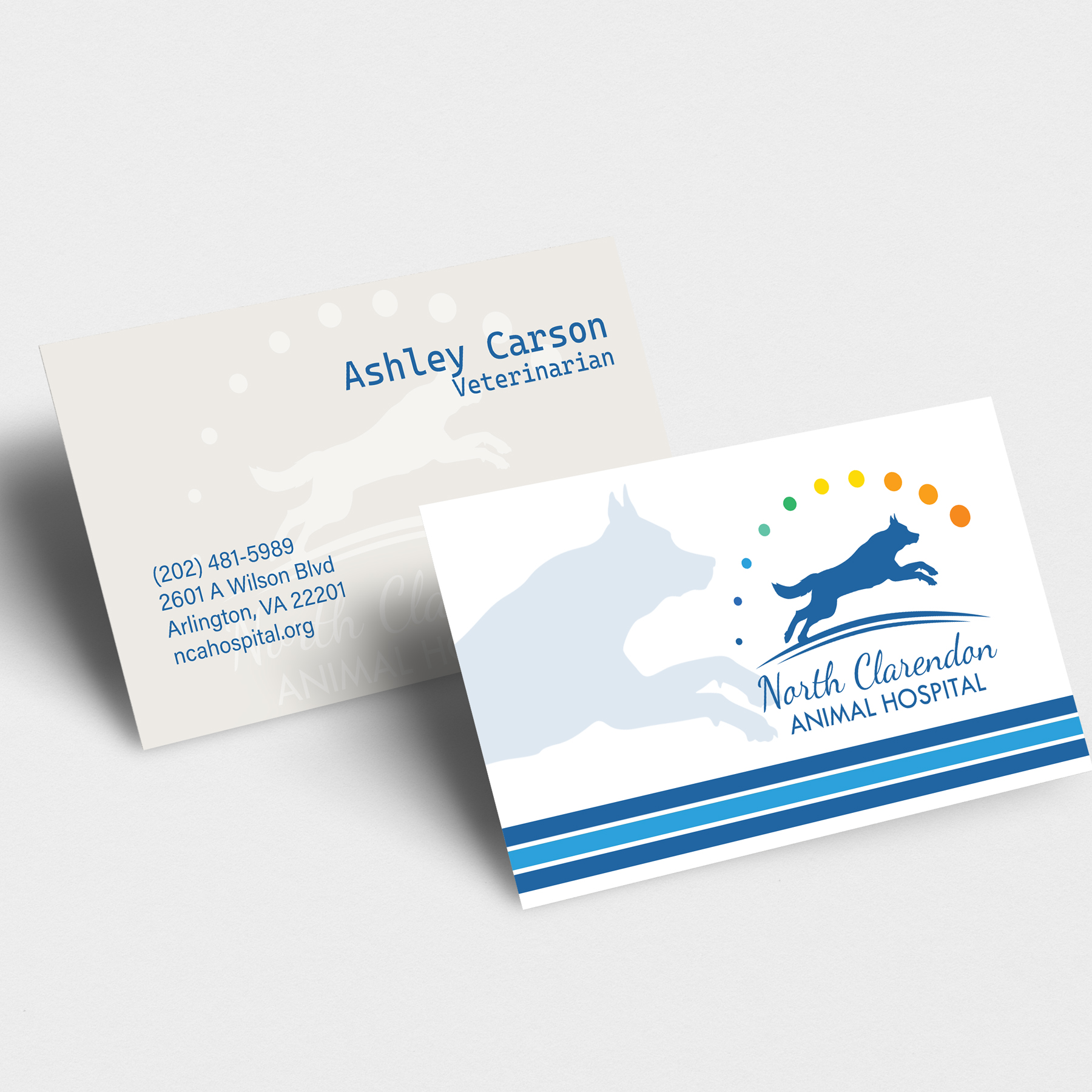 Business card mockup for employees of the North Clarendon Animal Hospital.