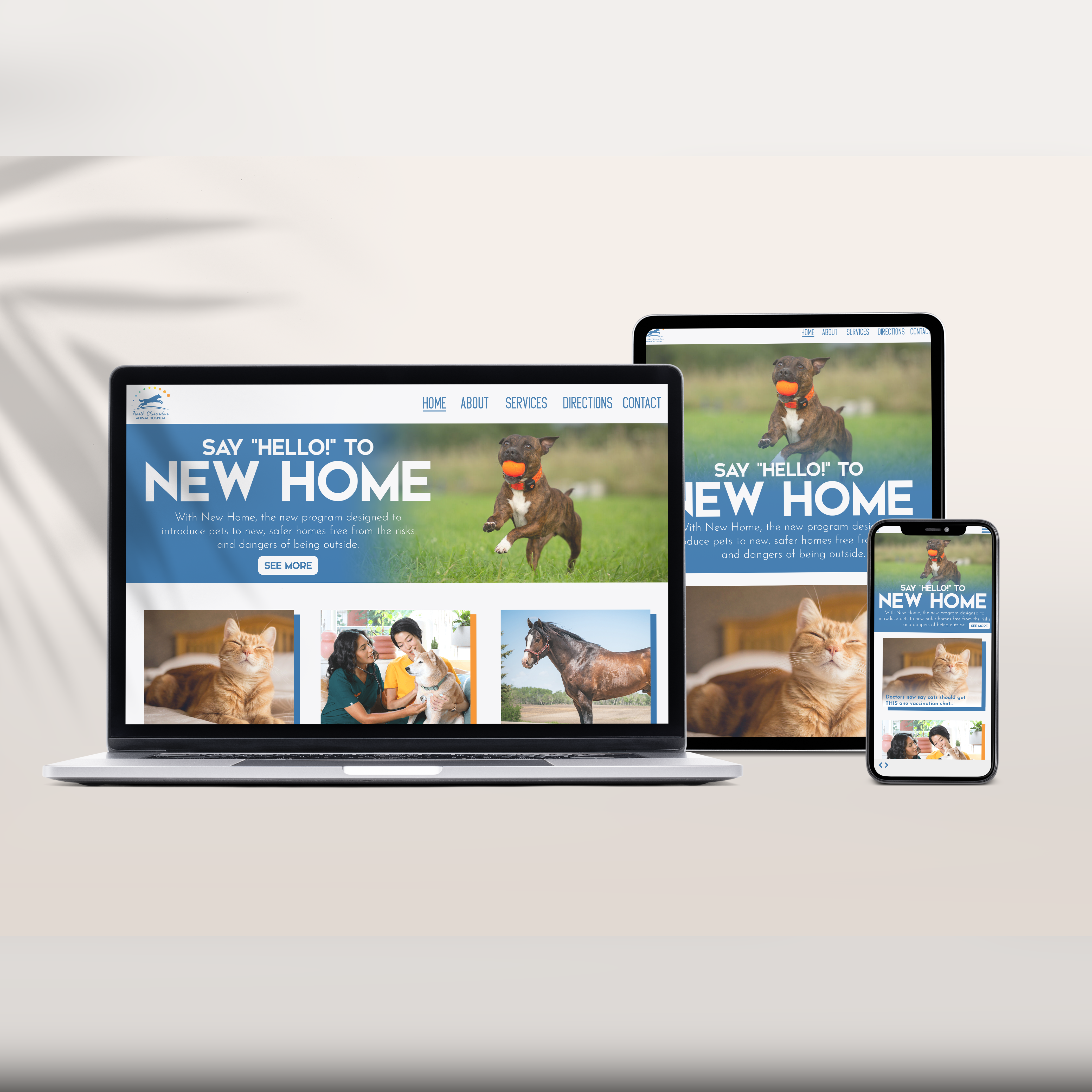 A laptop, an iPad, and a phone all with the North Clarendon Animal Hospital's website on them, with different features depending on the size.