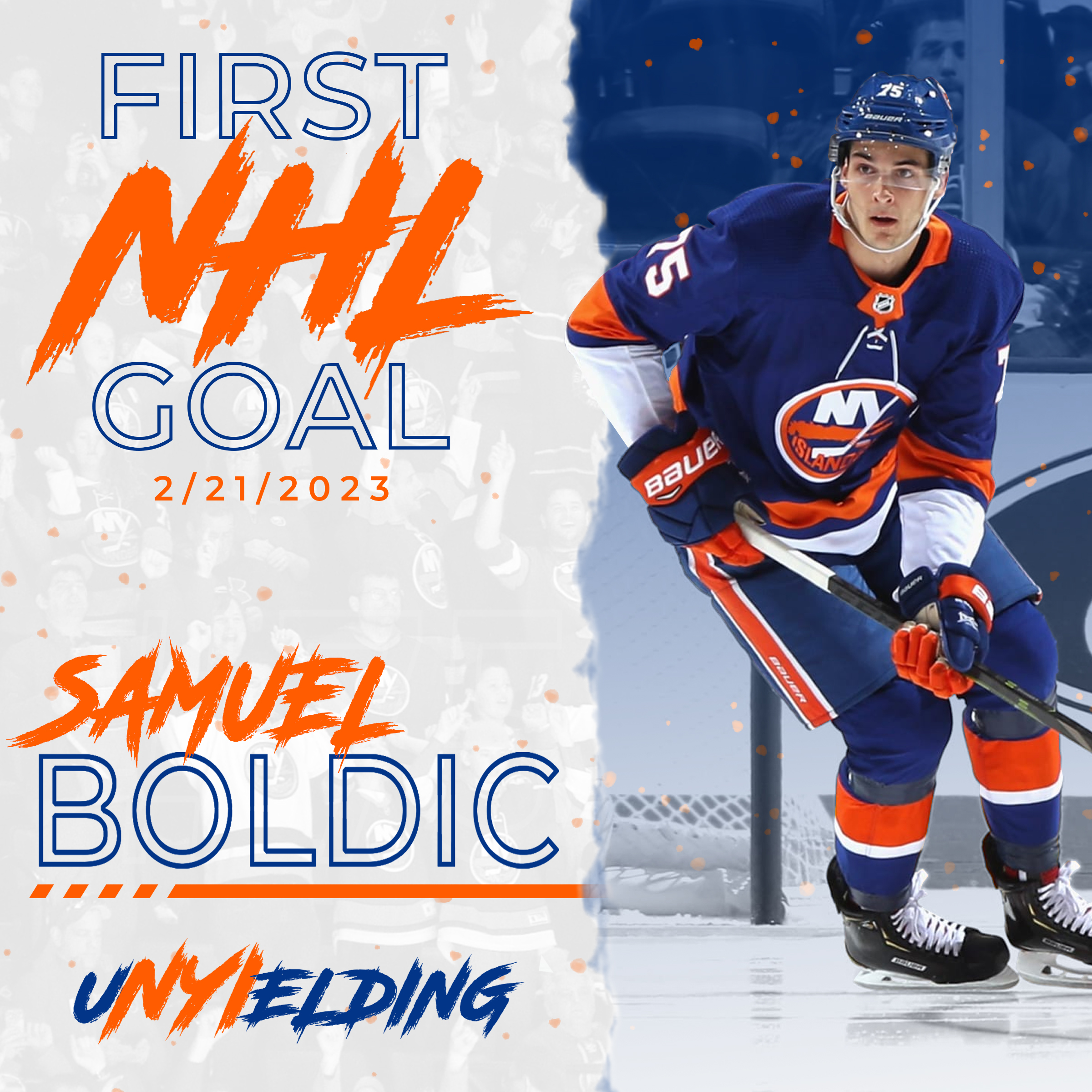 Samuel Boldic skating and celebrating his first NHL goal