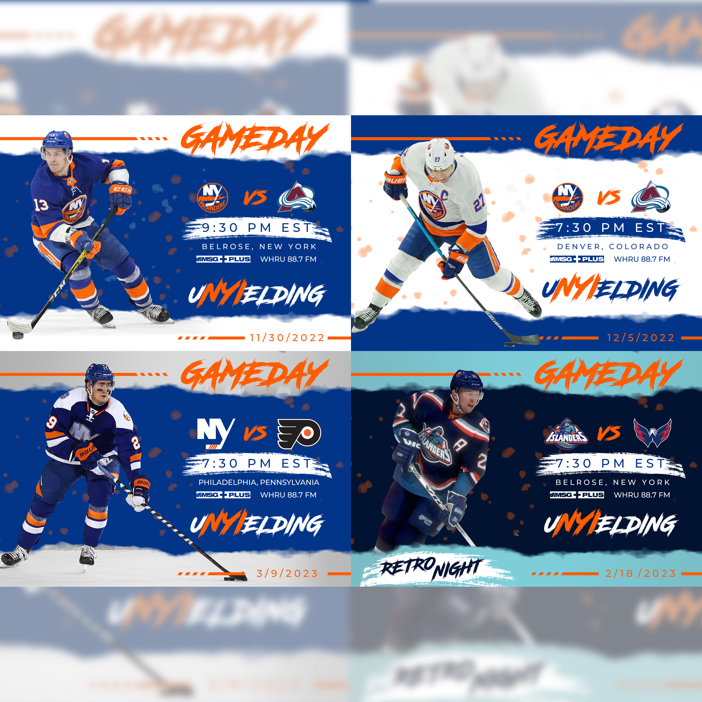 Four graphics in different colors corresponding with what the Islander's are wearing that game, as well as their opponant, times and location, as well as sponsors.