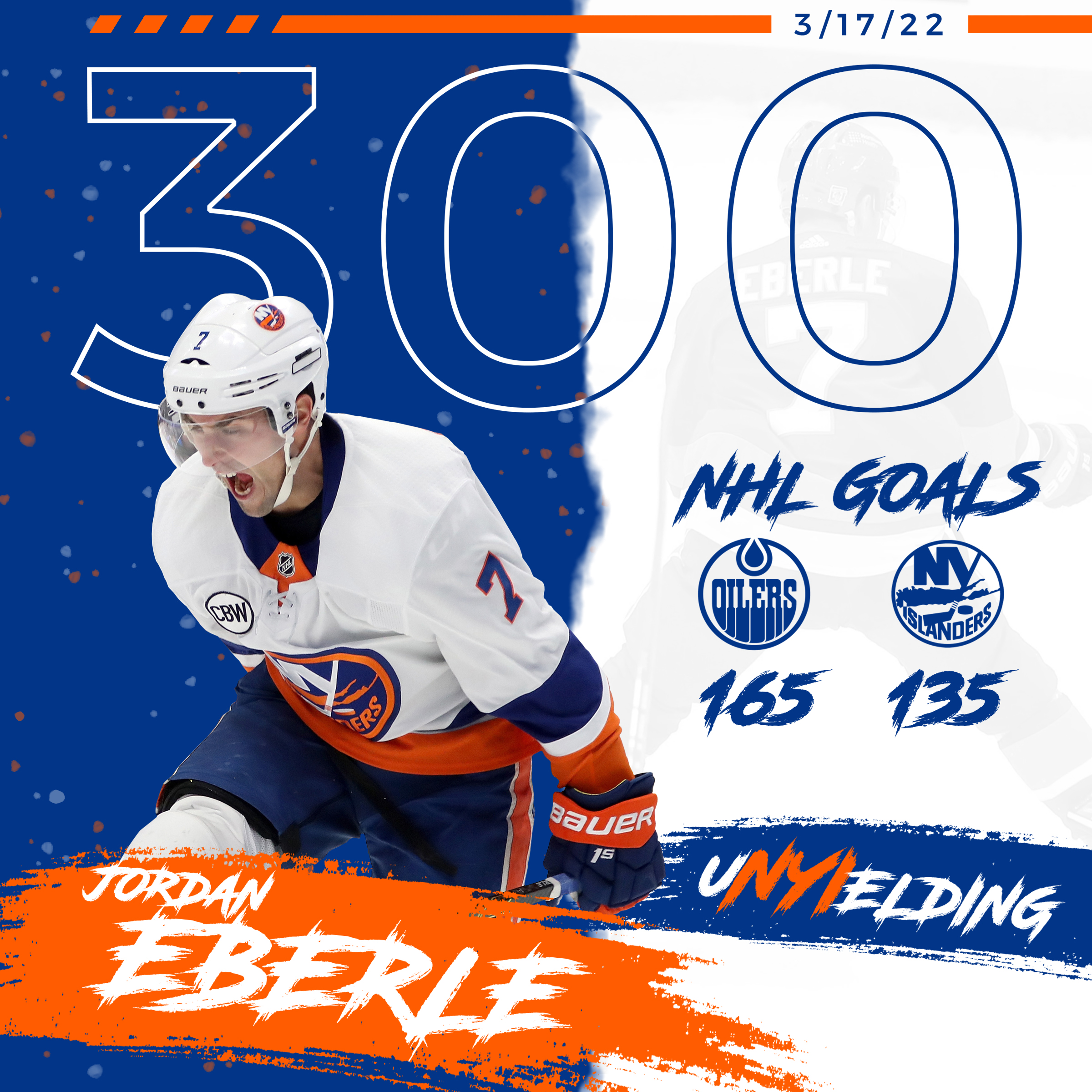 Jordan Eberle celebrating after scoring his 300th NHL goal, next to the stats of which goals were scored for which team, the Islanders or Oilers.