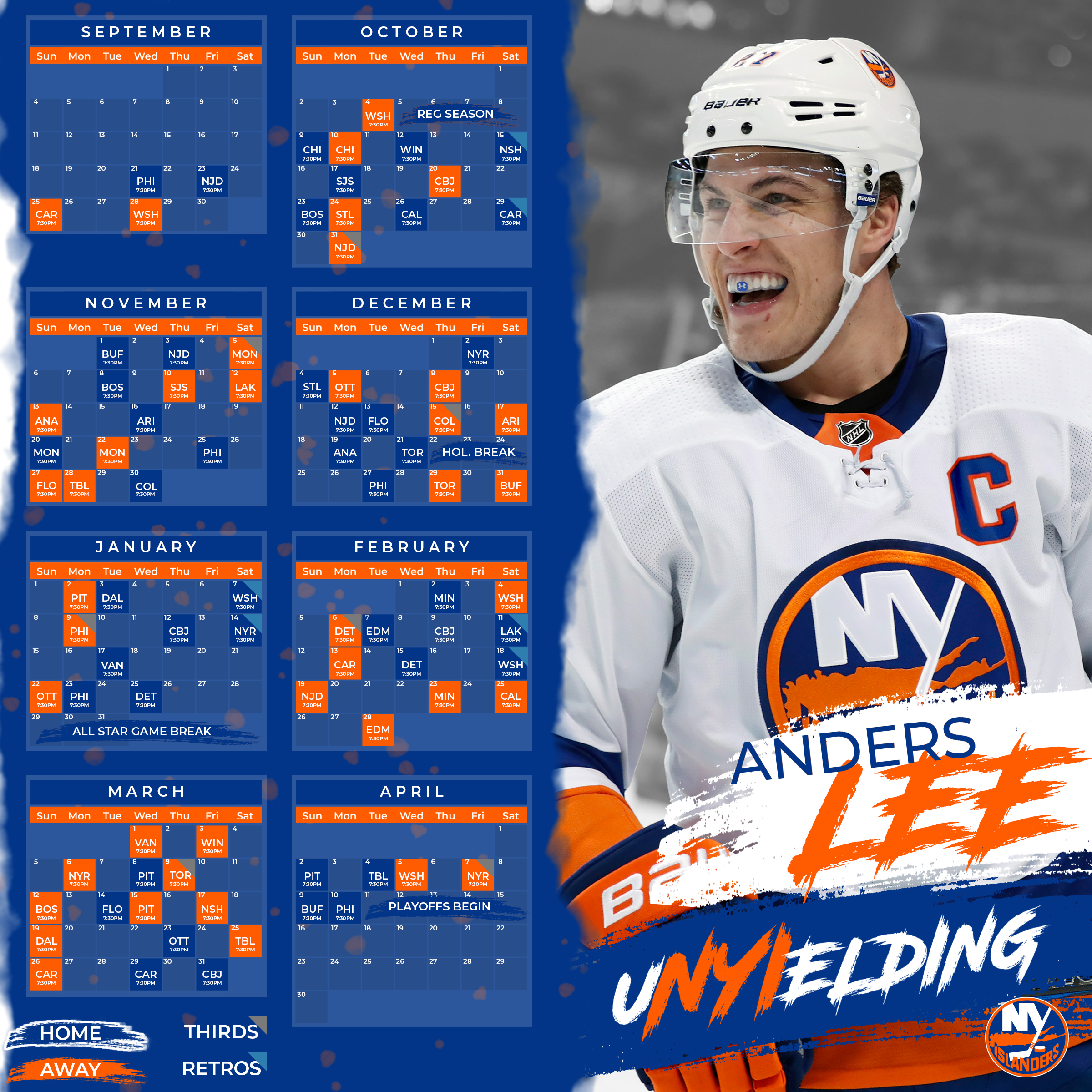 Captain Anders Lee next to an 82 game schedule, with blue indicating home games, orange indicating away games, and nothces on the side indicating retro or third jerseys.