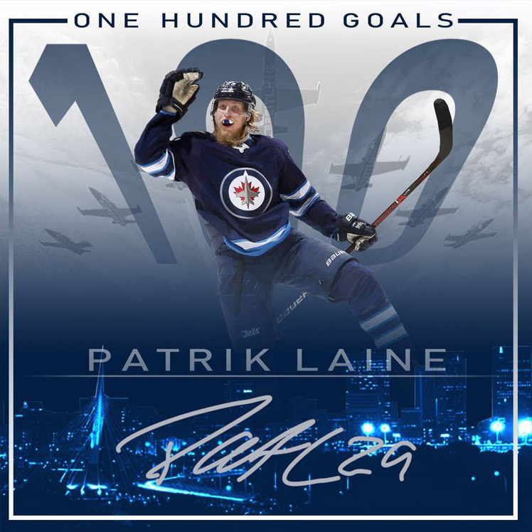 Graphic celebrating Patrik Laine scoring his 100th NHL goal.