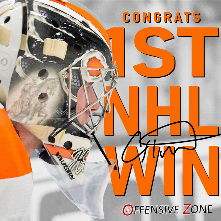 Graphic celebrating Philadelphia Flyer's goalie Carter Hart on his first NHL win.